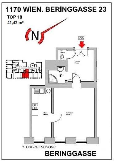 Grundriss der Wohnung Top 18 mit 41,43 m² im ersten Obergeschoss, inklusive Nordausrichtung.