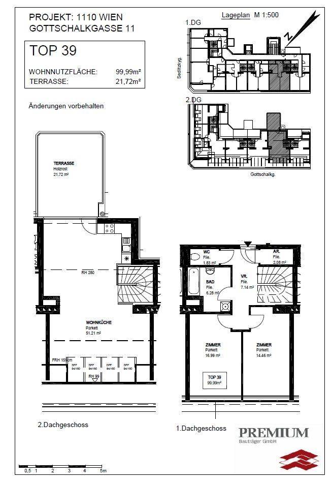 Detaillierter Grundriss der Wohnung mit Wohnküche, Schlafzimmern und großer Terrasse.