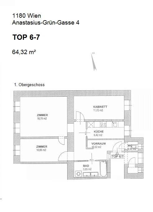 Grundriss einer Wohnung im ersten Obergeschoss mit 64,32 m² Wohnfläche.