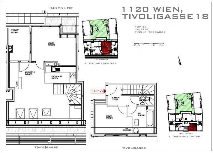 Detaillierter Grundriss einer Maisonette-Wohnung mit Terrasse und mehreren Zimmern.