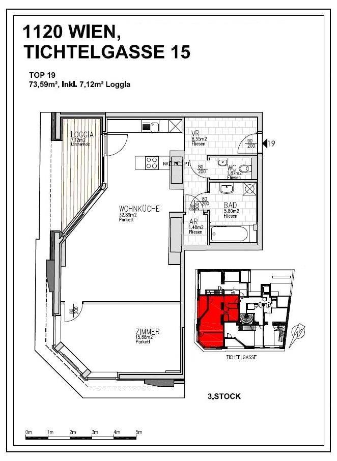 Grundriss der Wohnung mit Loggia, Wohnküche, Zimmer und Badezimmer.
