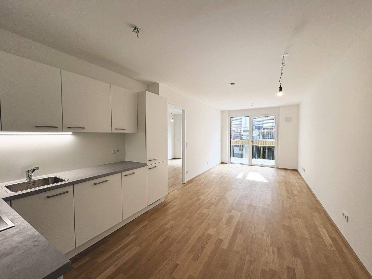 Heller offener Wohn-Essbereich mit integrierter Küchenzeile und Zugang zum Balkon.