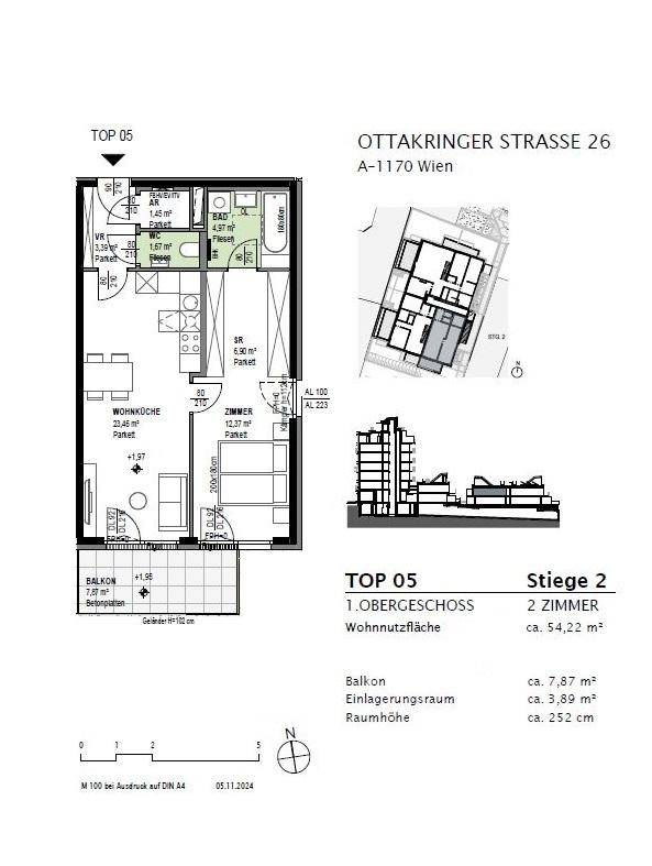 Detaillierter Grundriss einer 2-Zimmer-Wohnung im ersten Obergeschoss mit Balkon.