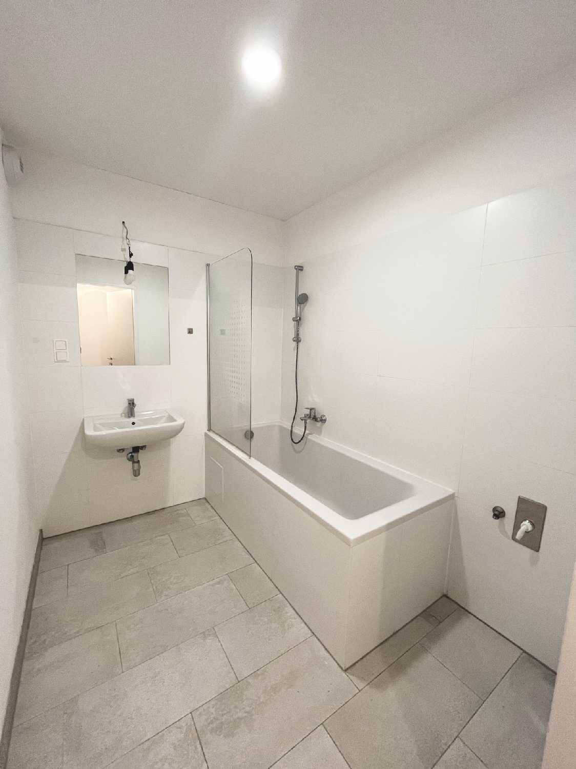 Modernes Badezimmer mit Badewanne, Duschabtrennung und grauen Fliesen.