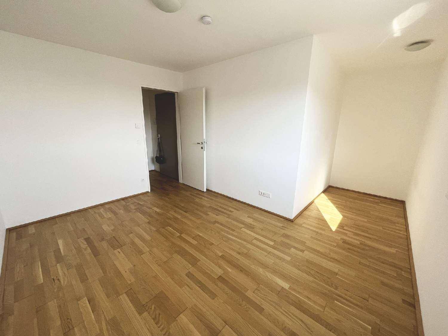 Leeres Schlafzimmer mit Parkettboden und viel Tageslicht durch das Fenster.
