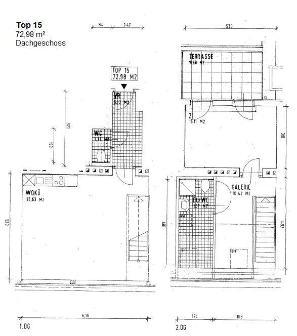 Grundriss des Dachgeschosses mit Terrasse, Galerie und separatem WC.
