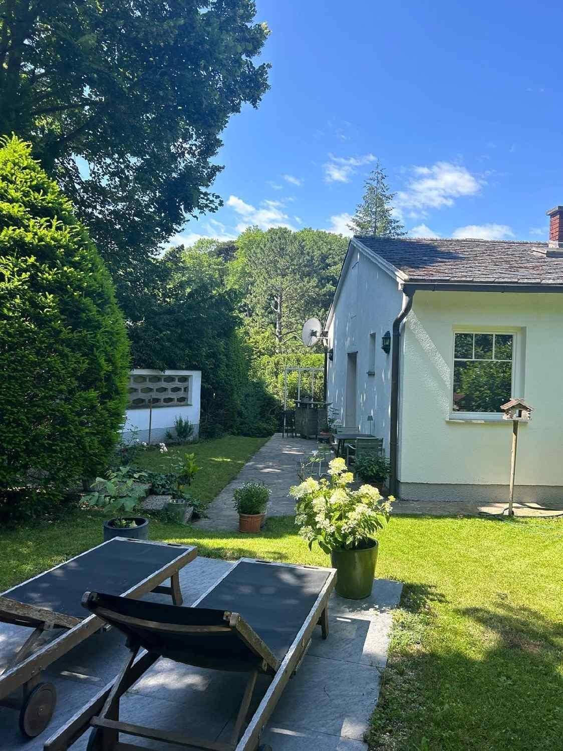 Rückansicht des Hauses mit gepflegtem Garten, Rasenfläche und Sonnenliegen.