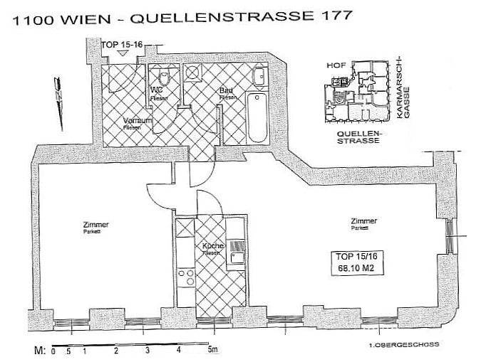 Grundriss der Wohnung TOP 15/16 mit 68,10 m² im 1. Obergeschoss.