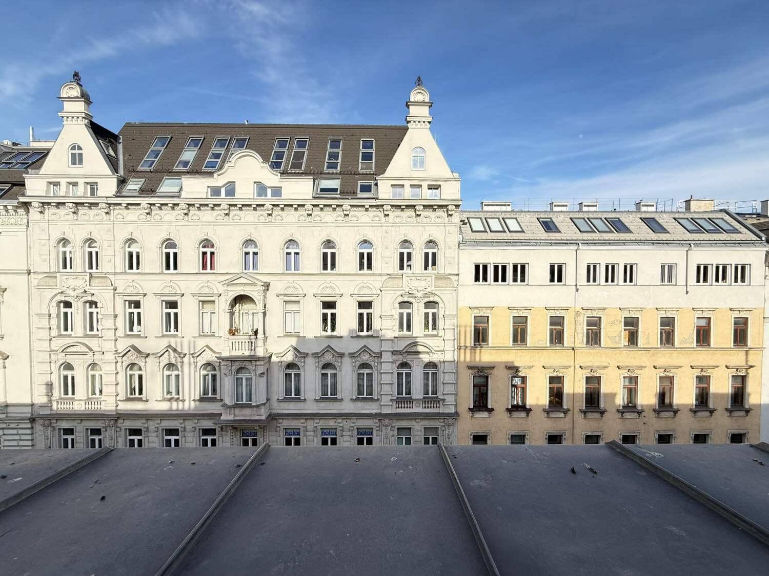 Dachlandschaft mit historischen Gebäuden und modernen Dachausbauten unter blauem Himmel.