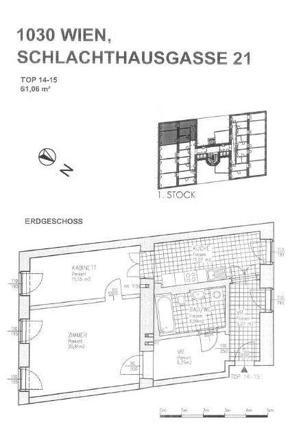 Grundriss der Wohnung Top 14-15 in der Schlachthausgasse 21, Wien, mit 61,06 m².