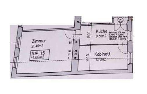 Grundriss einer Wohnung mit Zimmer, Küche und Kabinett, Gesamtfläche 41,86m².