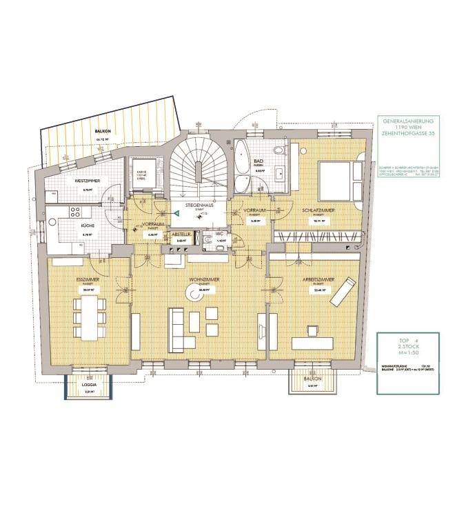 Detaillierter Grundriss der Wohnung mit Wohnzimmer, Schlafzimmern, Küche und Balkonen.