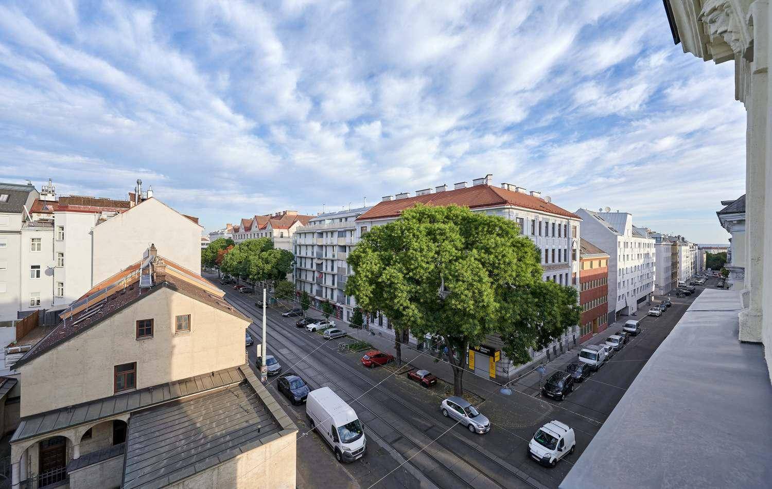 Weitläufiger Blick über die Stadt mit Dächern, grünen Bäumen und einer belebten Straße.