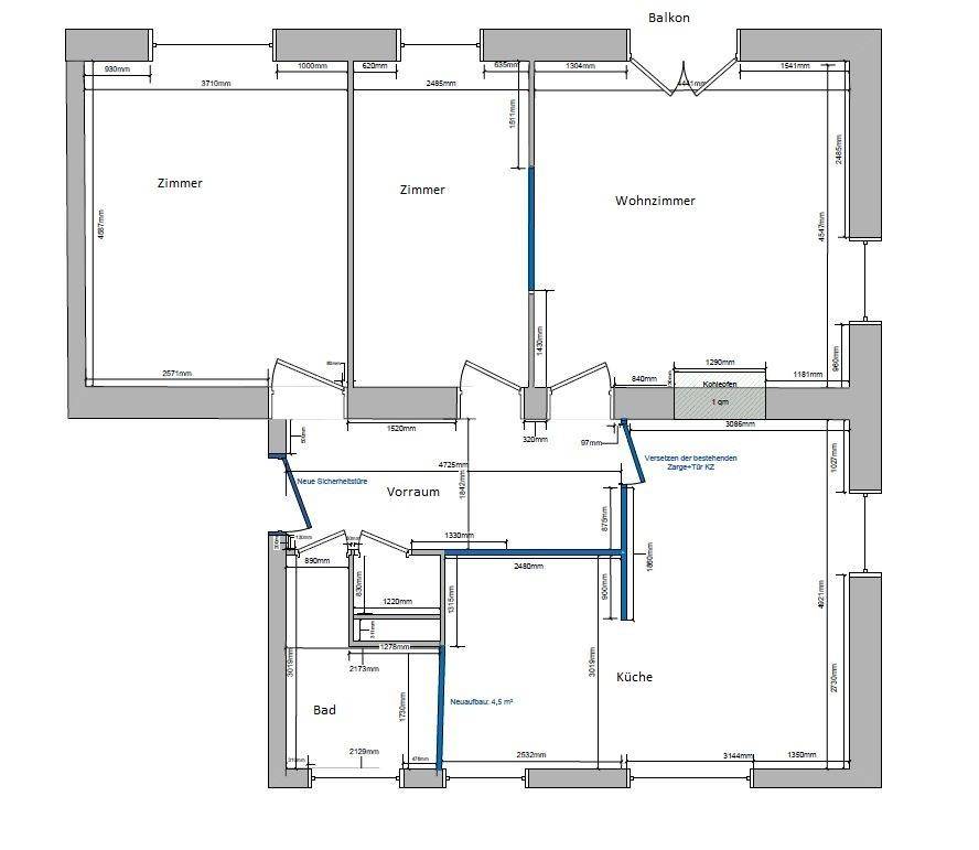 Grundriss der Wohnung mit Zimmern, Wohnzimmer, Küche, Bad und Balkon.
