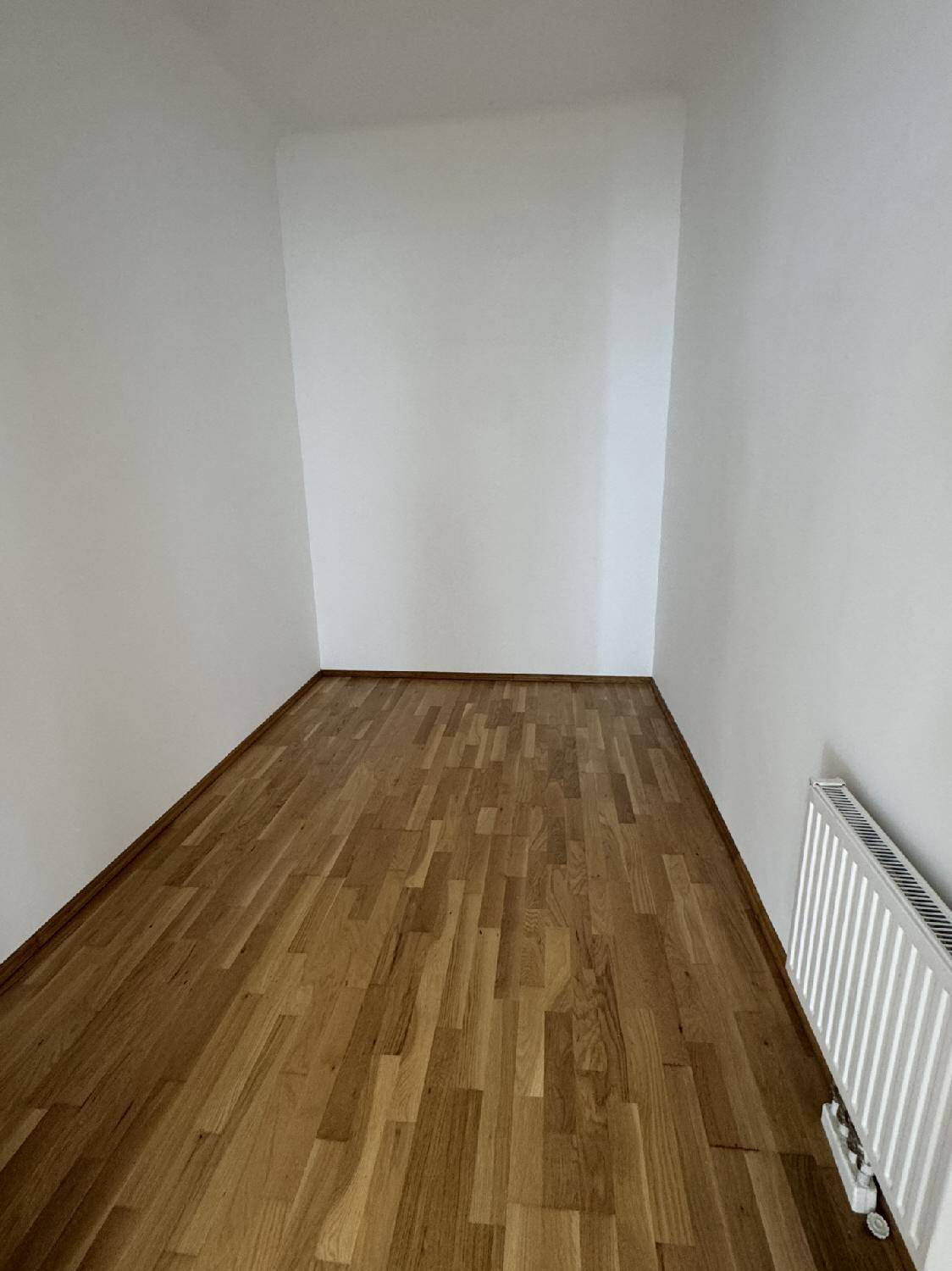 Kleiner, leerer Raum mit Parkettboden und Heizkörper, ideal als Abstellraum oder begehbarer Kleiderschrank.