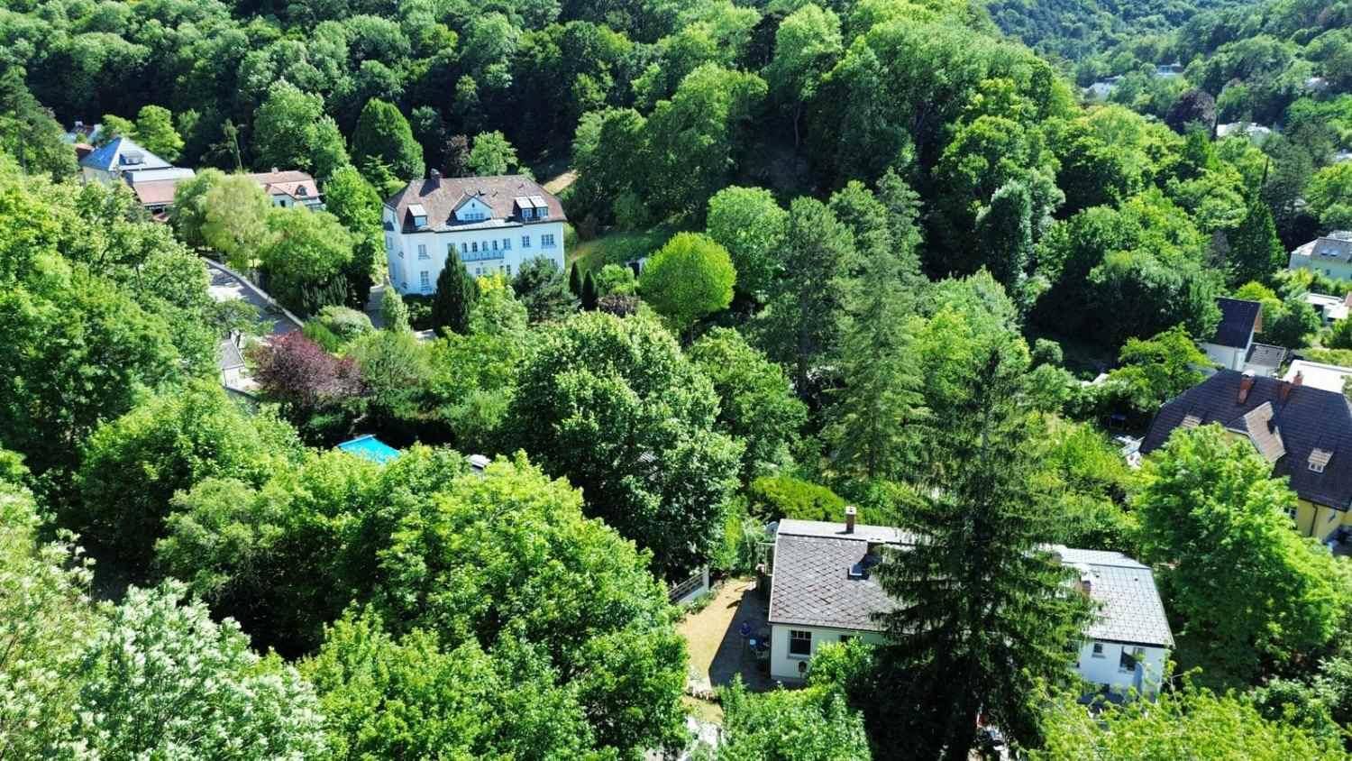 Nähere Luftaufnahme eines Wohngebiets in einem grünen Tal mit üppiger Vegetation und Häusern.