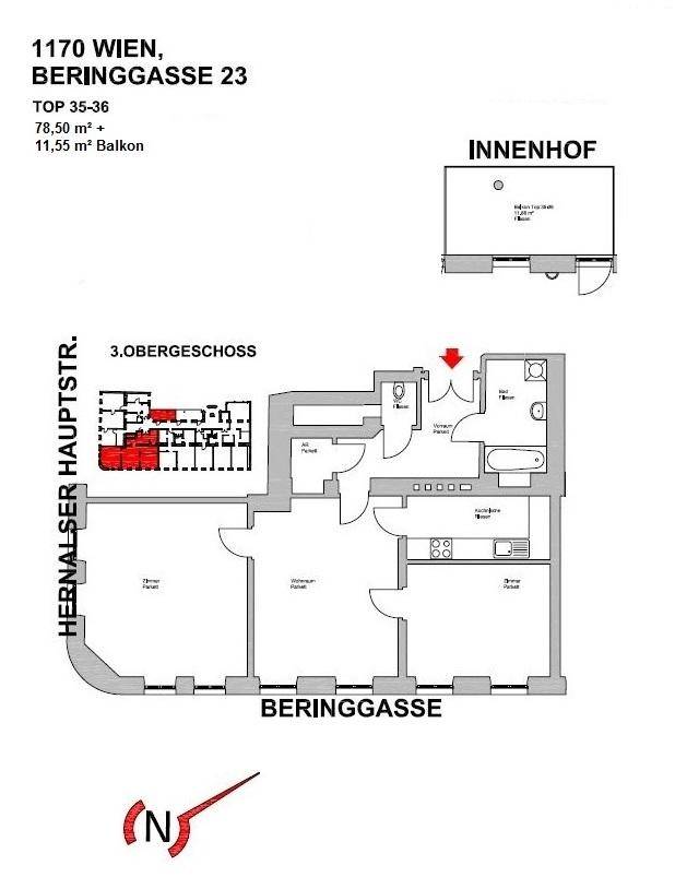 Grundriss einer Wohnung im 3. Obergeschoss mit Balkon, zwei Bädern und offenem Wohnbereich.