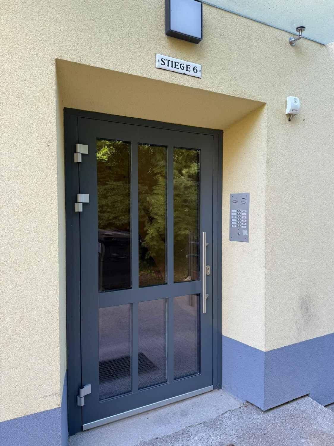 Eingangstür zu Stiege 6 mit Glasfenstern und Gegensprechanlage in gelber Fassade.