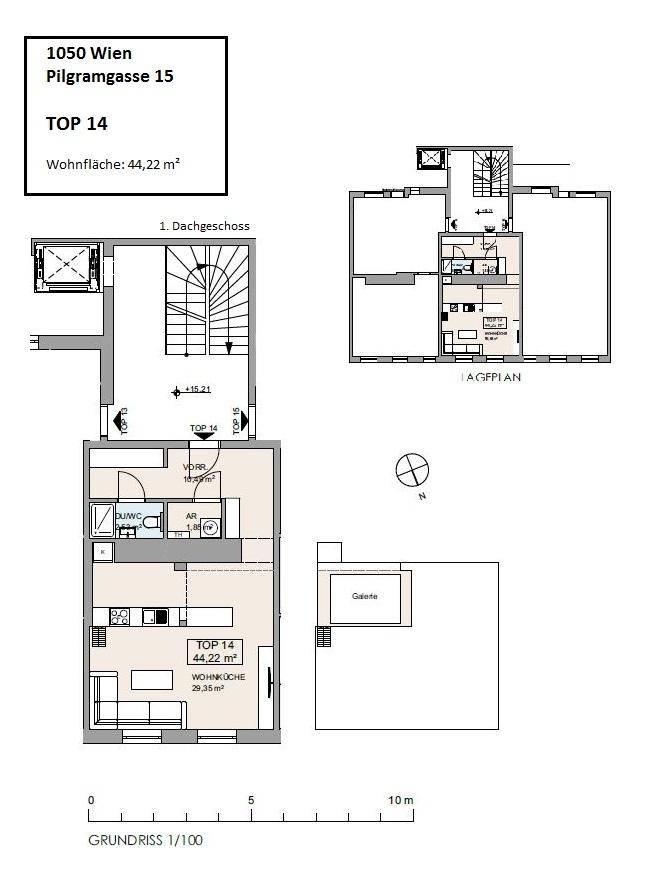 Grundriss der Wohnung TOP 14 mit 44,22 m² Wohnfläche und Galerie.