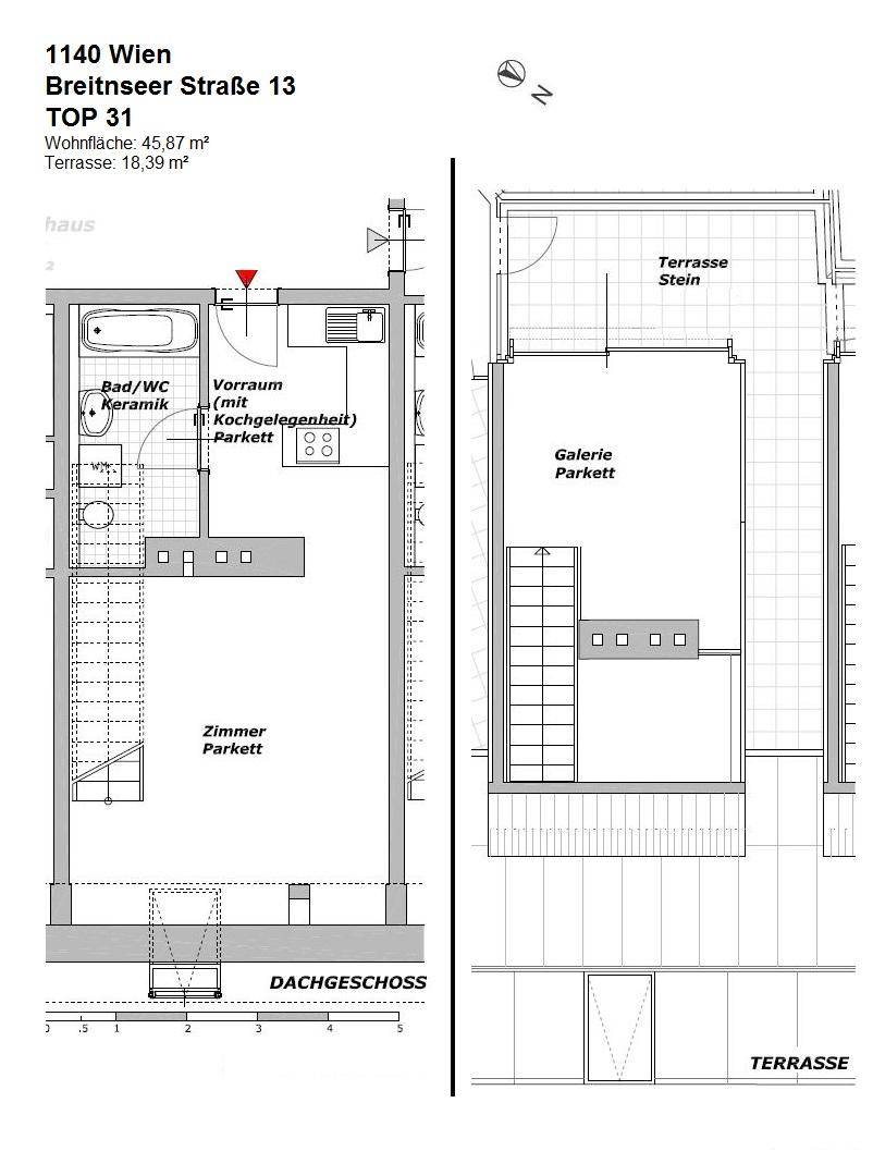 Grundriss des Dachgeschosses mit Zimmer, Bad und großer Terrasse.
