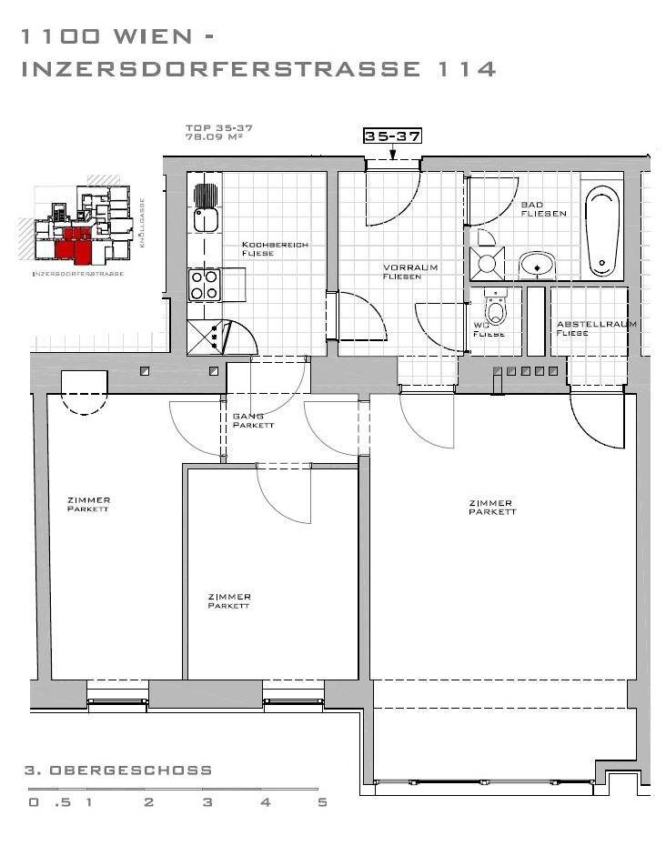 Grundriss der Wohnung mit Küche, Bad, separatem WC, Abstellraum und drei Zimmern.