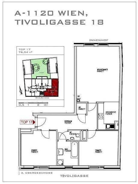 Grundriss der Wohnung Top 17 mit 76,34 m² in Wien, zeigt die Raumaufteilung.