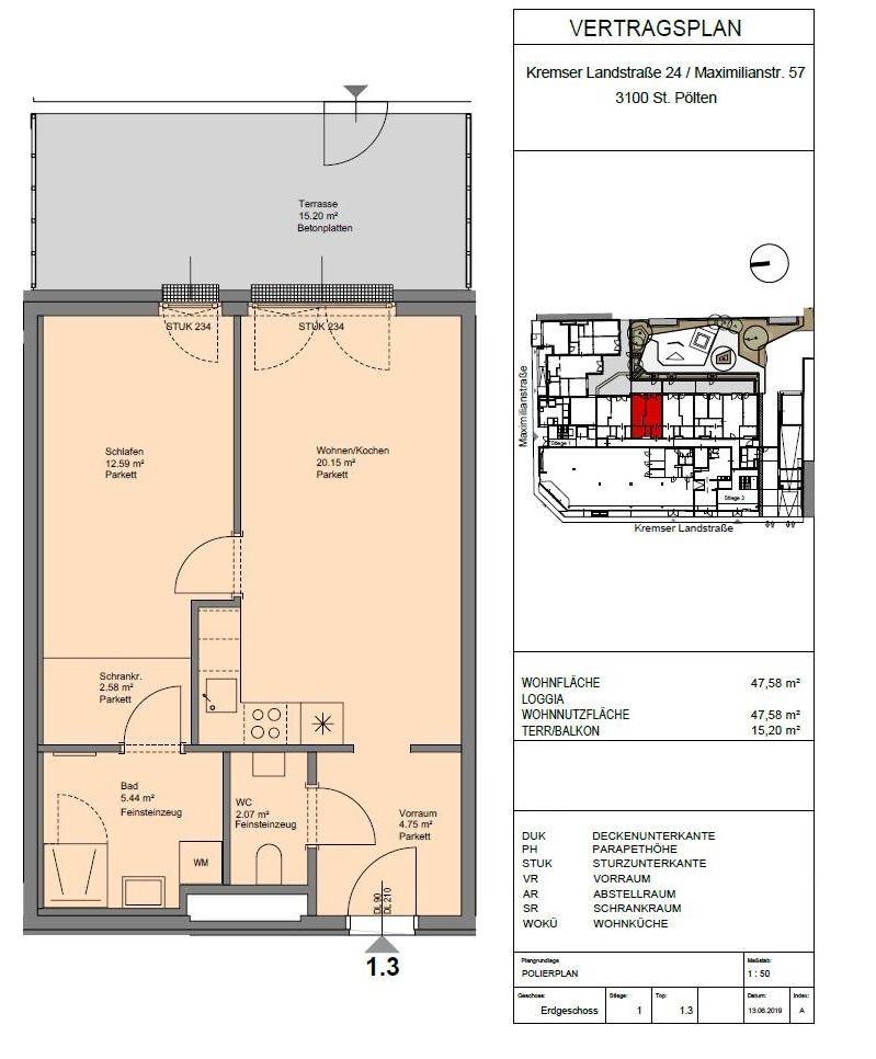 Grundrissplan einer Wohnung mit Terrasse, Schlafzimmern und offenem Wohn-/Kochbereich.
