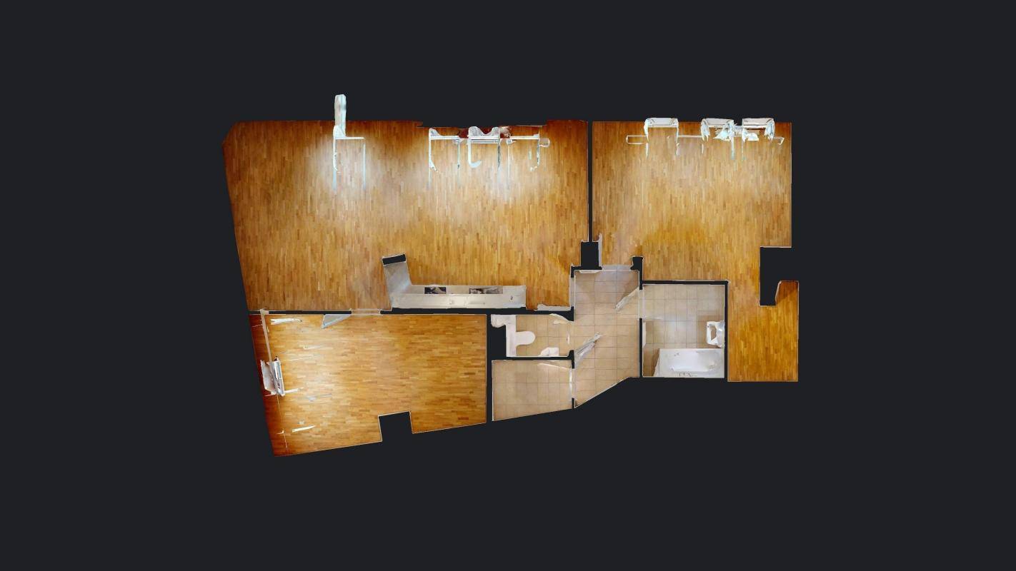 Digitaler Grundriss einer Wohnung mit verschiedenen Räumen und Holzbodenoptik.