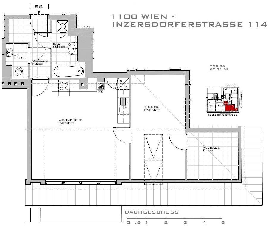Grundriss einer Dachgeschosswohnung mit Wohnküche, Bad und Abstellraum.