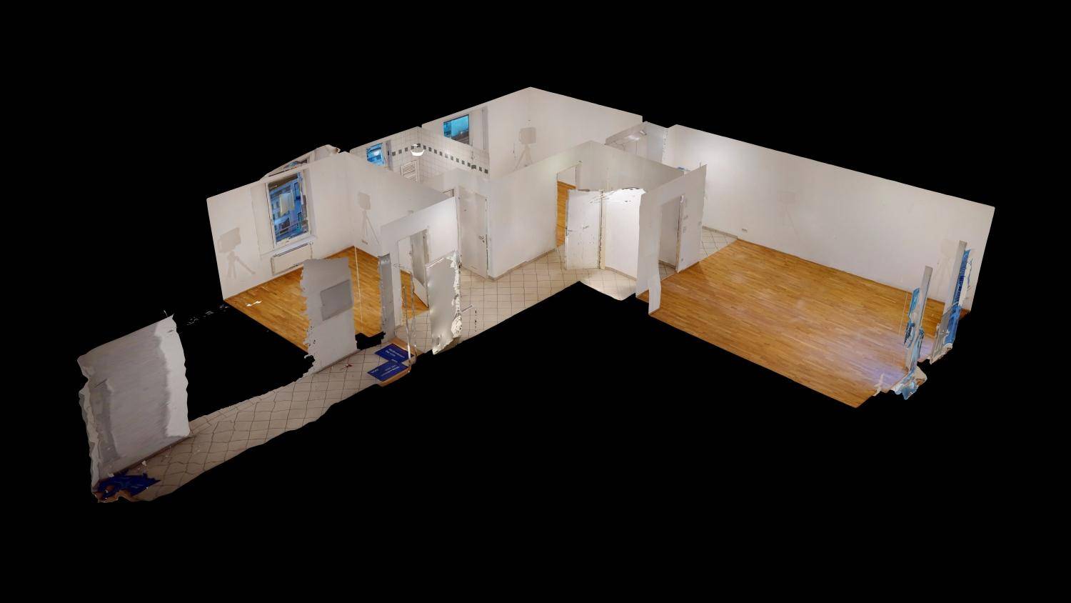 Dreidimensionale Darstellung des Grundrisses mit verschiedenen Räumen und Holzböden.
