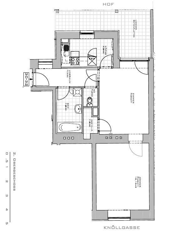 Grundriss der Wohnung im zweiten Obergeschoss mit Balkon und Hofblick.