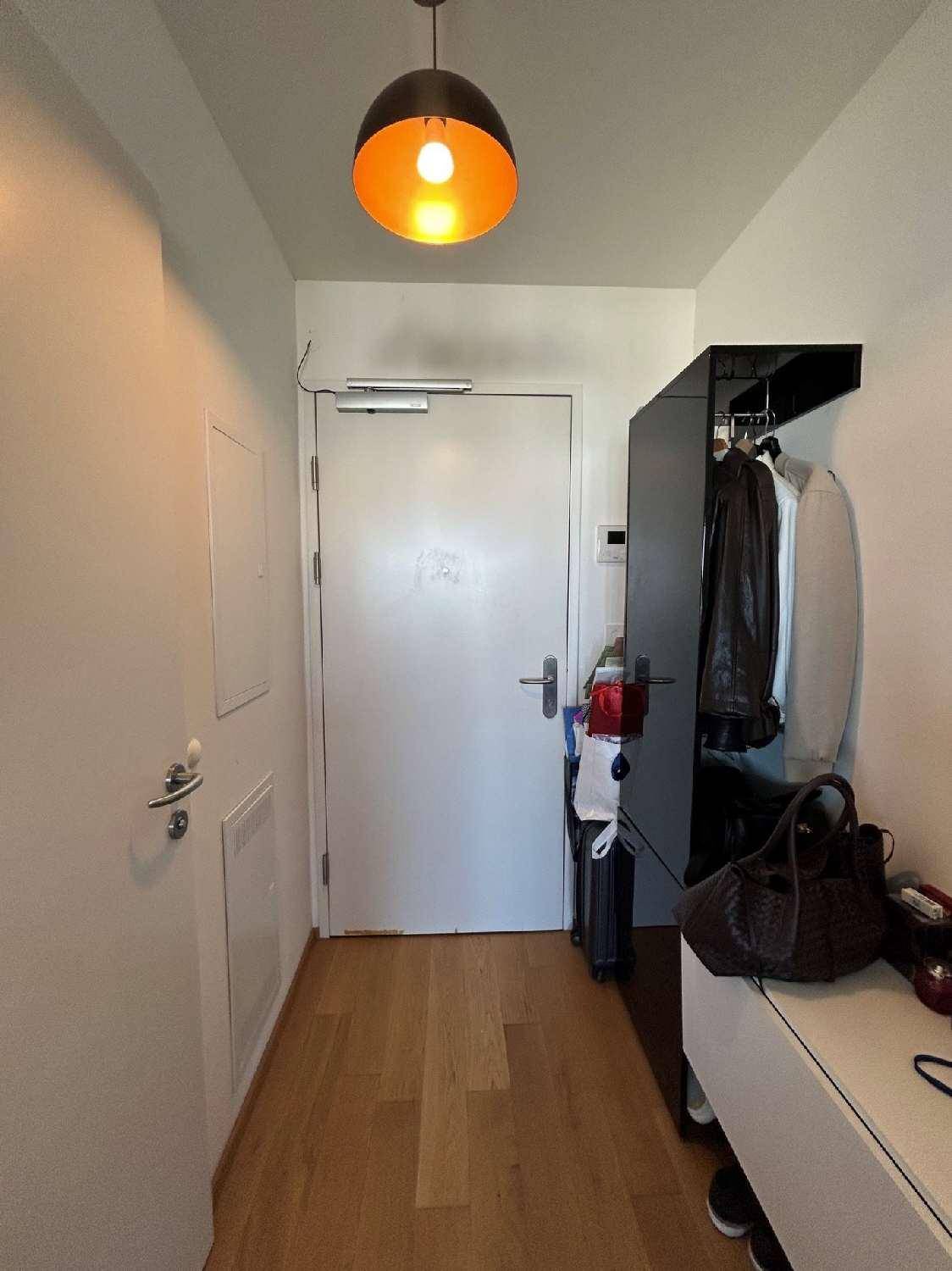 Eingangsbereich mit Holzboden, Garderobe und schlichter Beleuchtung.