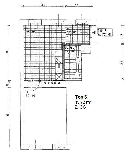 Grundriss der Wohnung Top 6 mit 45,72 m² im 2. Obergeschoss, inklusive Maßen.