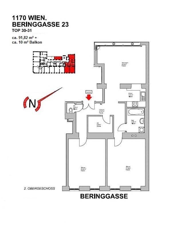 Grundriss einer Wohnung im 2. Obergeschoss mit ca. 91,82 m² Wohnfläche und 10 m² Balkon.