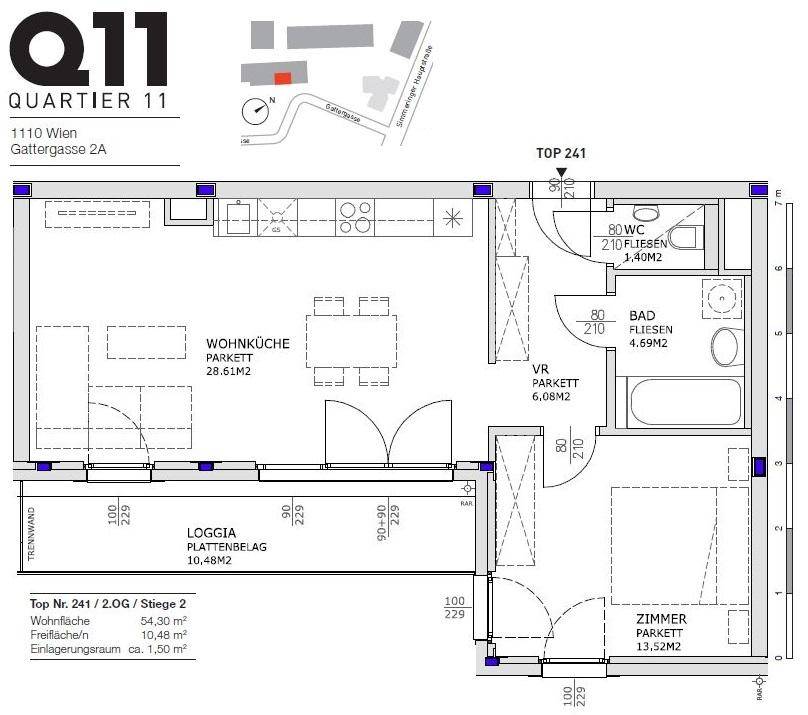 Detaillierter Grundriss der Wohnung Top 241 mit Wohnküche, Loggia, Bad und separatem WC.