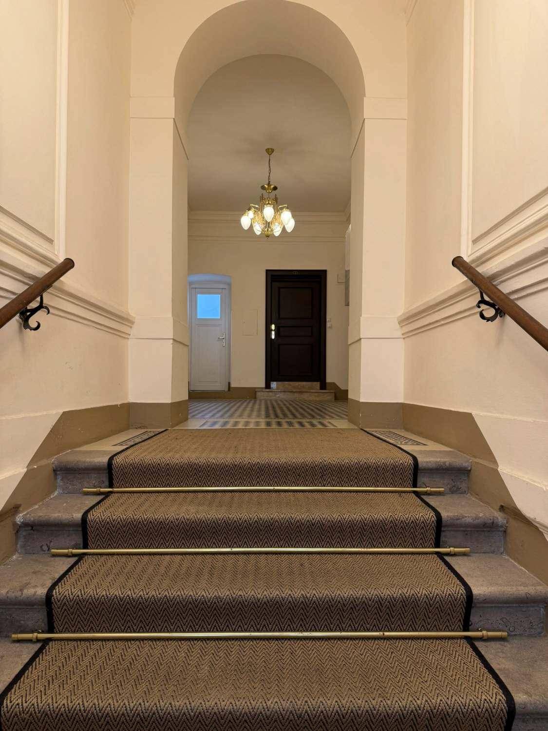 Elegantes Treppenhaus mit Teppichläufer, Steinstufen und einem Bogen, der zum Eingang führt.