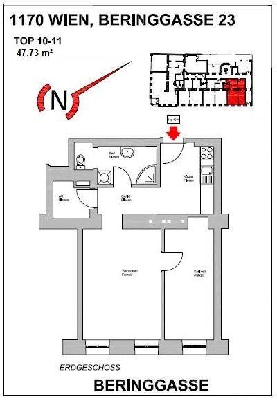 Grundriss einer Wohnung mit 47,73 m² im Erdgeschoss, inklusive Raumaufteilung und Nordausrichtung.