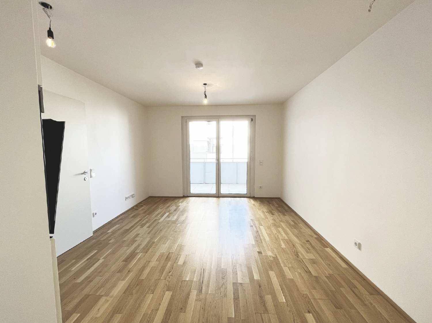 Leeres, helles Zimmer mit Parkettboden und Zugang zu einem französischen Balkon.