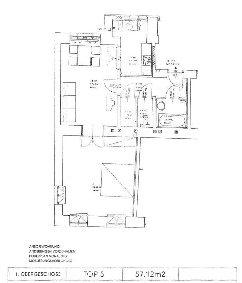 Grundriss einer Wohnung im ersten Obergeschoss mit offenem Wohnbereich und Schlafzimmer.