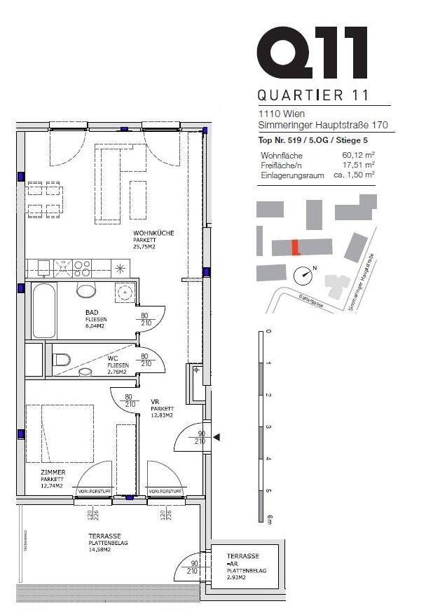 Grundriss der Wohnung Q11 mit Wohnküche, Schlafzimmer und Terrasse.