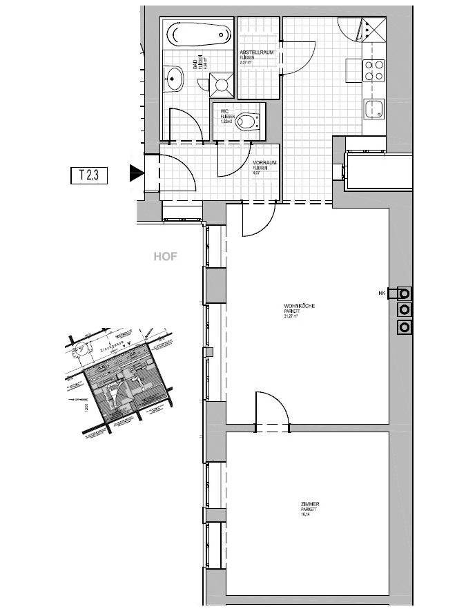 Grundriss einer Wohnung mit Wohnküche, Schlafzimmer, Bad und separatem WC.
