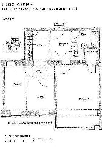 Grundrissplan einer Wohnung mit mehreren Zimmern, Bad und Balkon.
