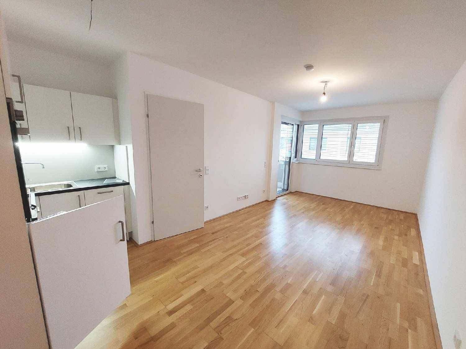 Geräumiger Wohnbereich mit hellem Parkettboden und einer kompakten Küchenzeile.