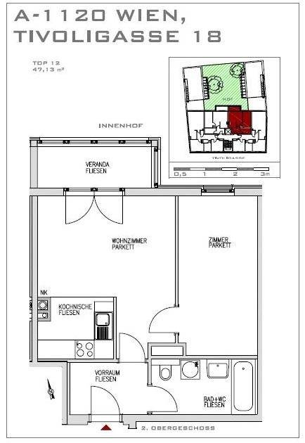 Grundriss einer 47,13 m² Wohnung im 2. Obergeschoss mit Veranda und Kochnische.