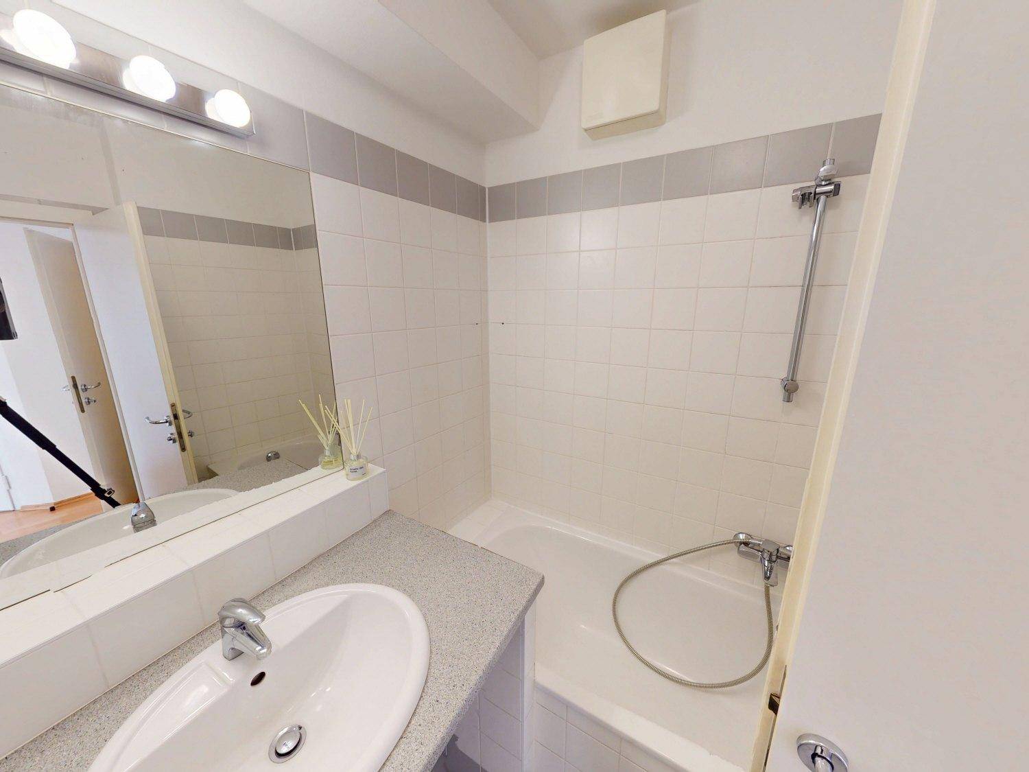 Badezimmer mit Badewanne, Duschfunktion, Einzelwaschbecken und großem Spiegel.