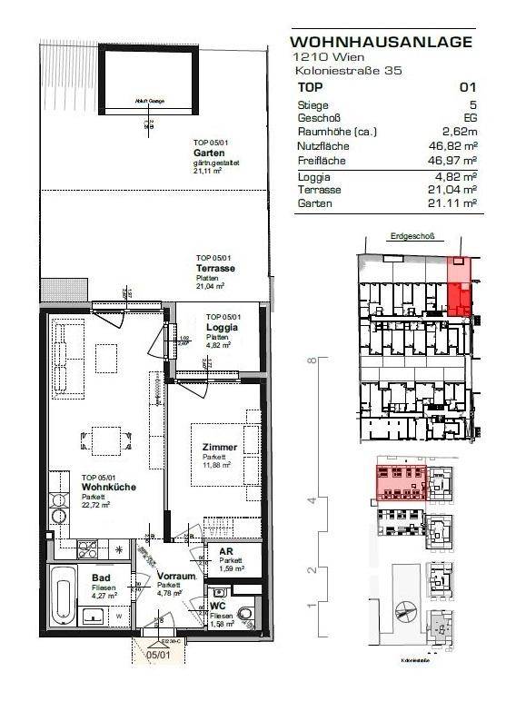 Detaillierter Grundriss der Wohnung mit Raumaufteilung, Terrasse und Garten.