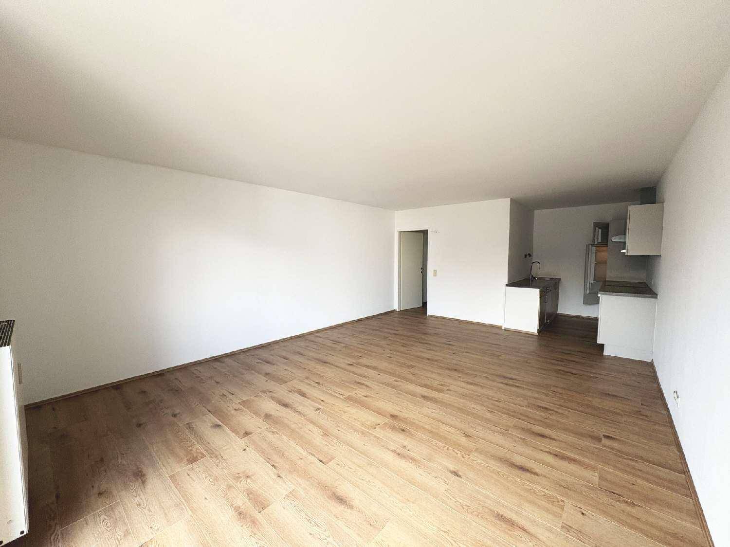 Heller, leerer Wohnbereich mit Laminatboden und Zugang zu einer kleinen Küchenzeile.