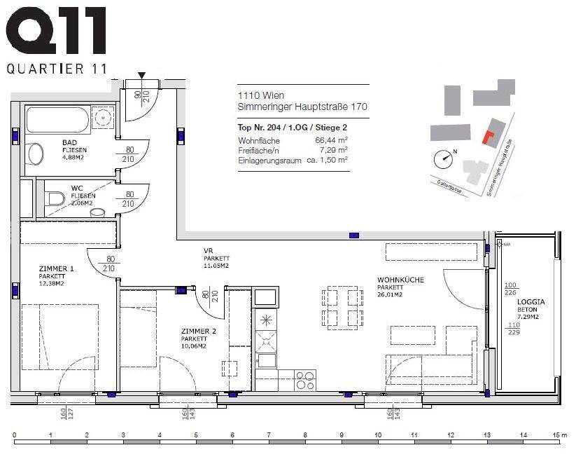 Detaillierter Grundriss einer Wohnung mit zwei Zimmern, Wohnküche und Loggia.