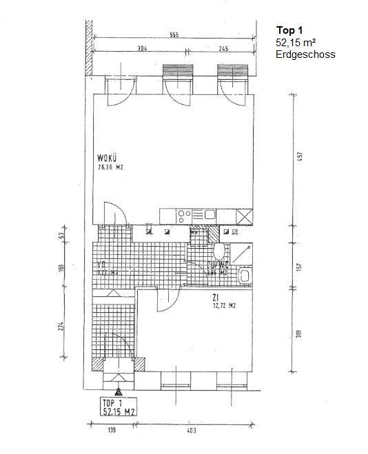 Grundriss der Wohnung Top 1 im Erdgeschoss mit 52,15 m² Wohnfläche.