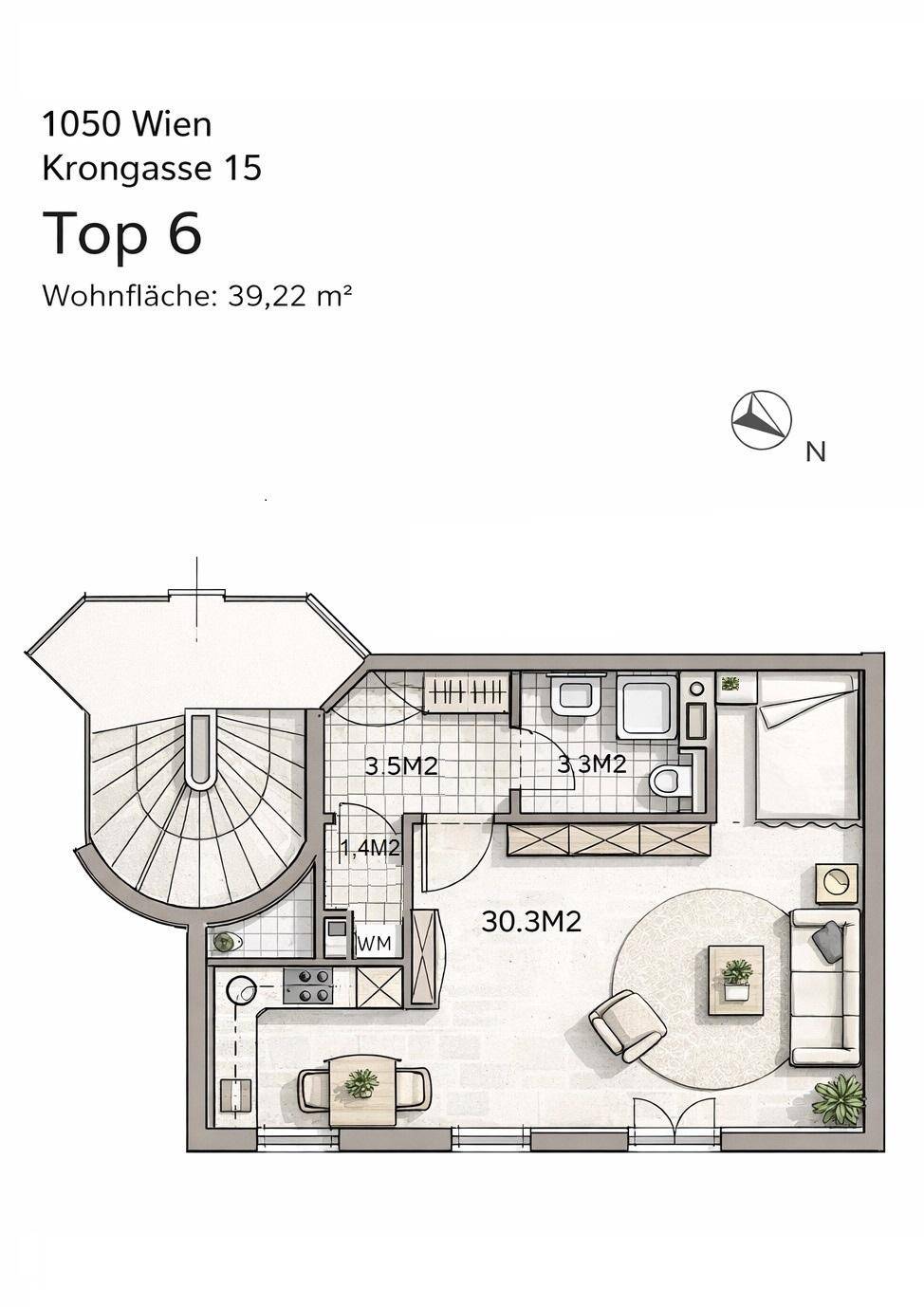 Detaillierter Grundriss der Wohnung Top 6 mit einer Wohnfläche von 39,22 m² und Raumaufteilung.